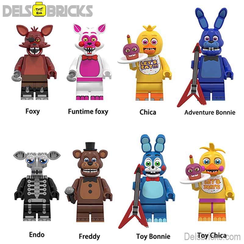Five Nights At Freddys 2 set of 8 Lego Minifigures custom toys Set4 - DelsBricks MinifiguresLego Horror MinifiguresDelsBricks MinifiguresDelsbricks.com