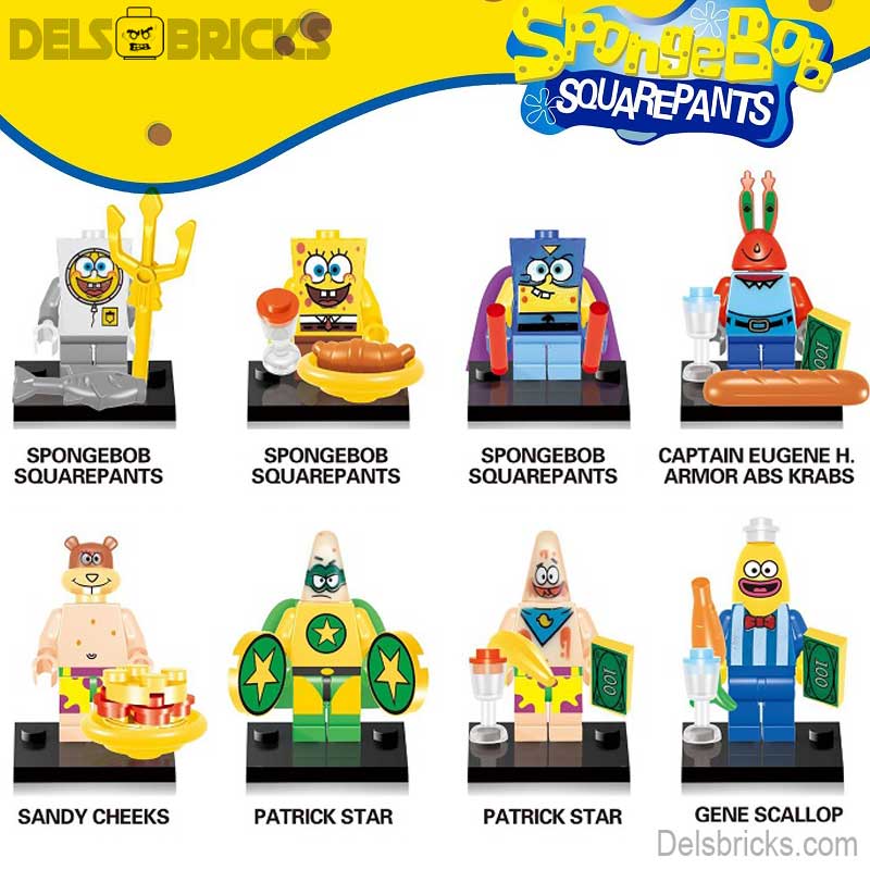 Sponge Bob Square Pants set of 8 Lego Minifigures Custom Toys - DelsBricks MinifiguresMinifiguresDelsBricks MinifiguresDelsbricks