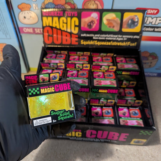 Yellow Translucent Glitter Mini Magic Cube by Squeeze Toys (Slow - Rising Squish) - DelsBricks Toys & CollectiblesDelsBricks Toys & CollectiblesRalphie's Funhouse