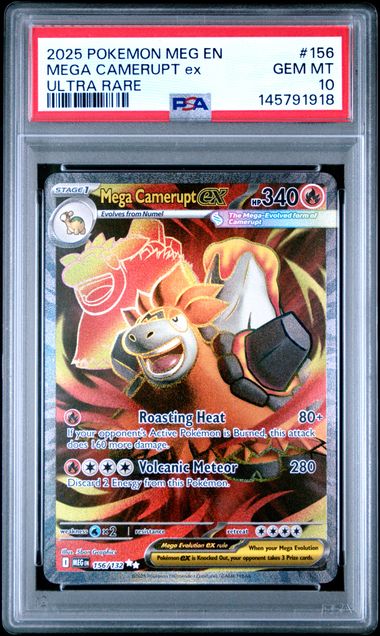 2025 POKEMON MEG EN - MEGA EVOLUTION 156 MEGA CAMERUPT ex ULTRA RARE PSA GEM MT 10 - DelsBricks Toys & CollectiblesDelsBricks Toys & CollectiblesRalphie's Funhouse