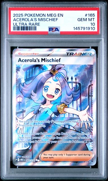 2025 POKEMON MEG EN - MEGA EVOLUTION 165 ACEROLA'S MISCHIEF ULTRA RARE PSA GEM MT 10 - DelsBricks Toys & CollectiblesDelsBricks Toys & CollectiblesRalphie's Funhouse