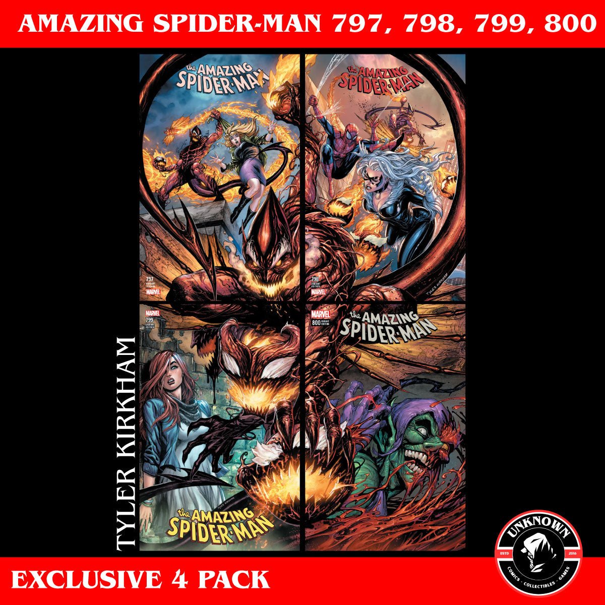 [4 PACK] AMAZING SPIDER - MAN 797, 798, 799, 800 UNKNOWN COMICS CONNECTING COVERS KIRKHAM 2018 - DelsBricks Toys & CollectiblesComic BooksDelsBricks Toys & CollectiblesUnknown Comic Books