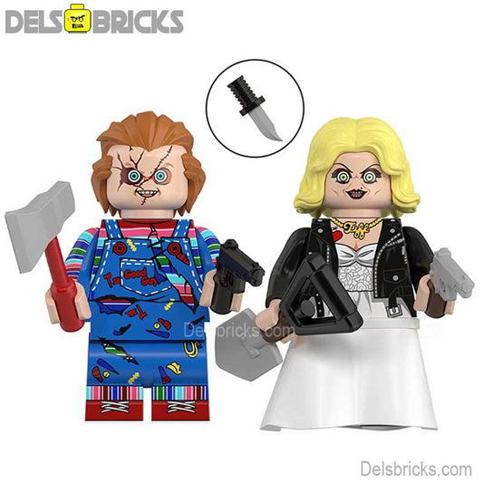 Chucky & Tiffany Bride of Chucky New Horror Lego Minifigures custom Toys - DelsBricks MinifiguresLego Horror MinifiguresDelsBricks MinifiguresDelsbricks.com