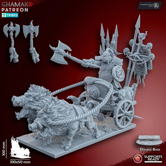 Orc Chieftain on Wild Boar Chariot by Ghamak Fantasy 28/32mm Scale Miniature, 100mm x 100mm, Vehicle - DelsBricks Toys & CollectiblesResin Printed MiniatureDelsBricks Toys & CollectiblesMega Diamonds & Schwartzreiter Mini Forge