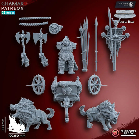 Orc Chieftain on Wild Boar Chariot by Ghamak Fantasy 28/32mm Scale Miniature, 100mm x 100mm, Vehicle - DelsBricks Toys & CollectiblesResin Printed MiniatureDelsBricks Toys & CollectiblesMega Diamonds & Schwartzreiter Mini Forge