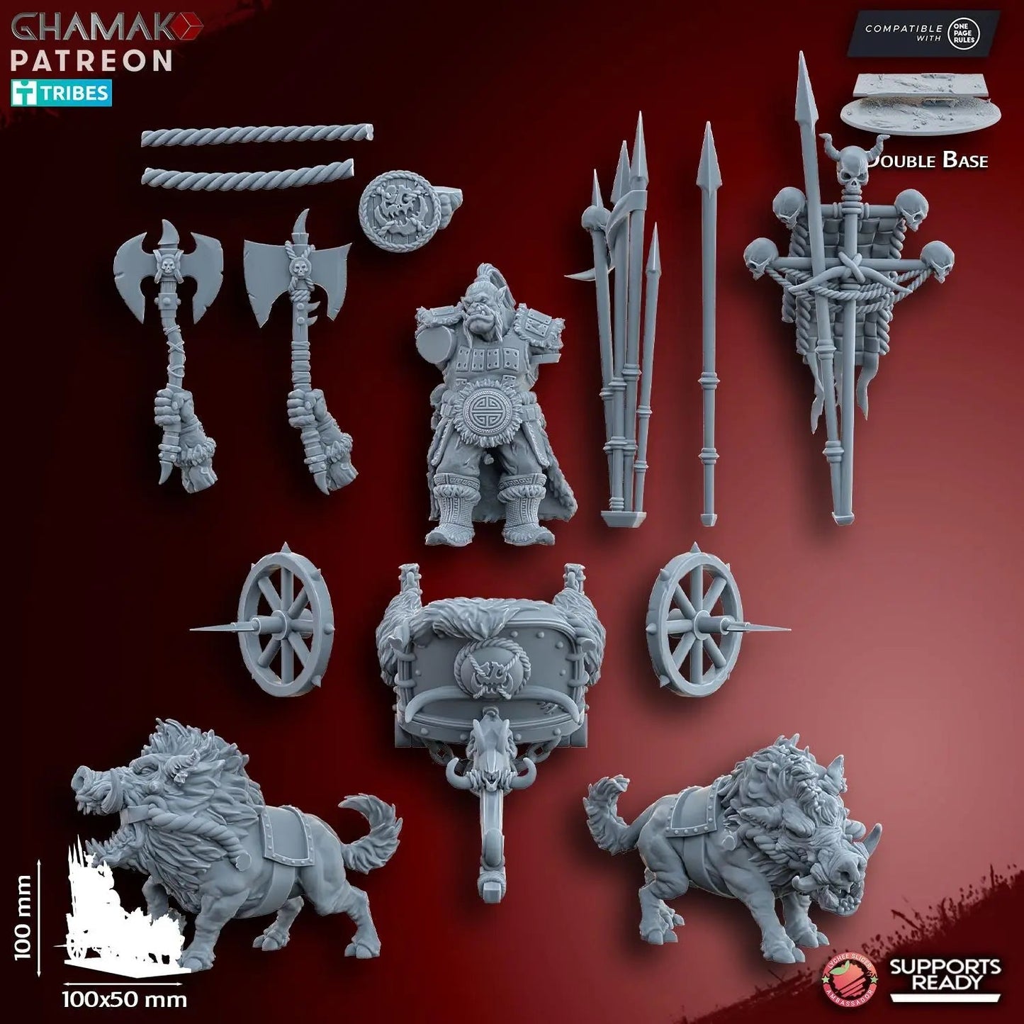 Orc Chieftain on Wild Boar Chariot by Ghamak Fantasy 28/32mm Scale Miniature, 100mm x 100mm, Vehicle - DelsBricks Toys & CollectiblesResin Printed MiniatureDelsBricks Toys & CollectiblesMega Diamonds & Schwartzreiter Mini Forge