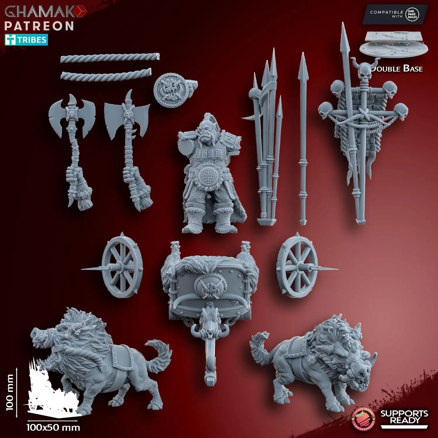 Orc Chieftain on Wild Boar Chariot by Ghamak Fantasy 28/32mm Scale Miniature, 100mm x 100mm, Vehicle - DelsBricks Toys & CollectiblesResin Printed MiniatureDelsBricks Toys & CollectiblesMega Diamonds & Schwartzreiter Mini Forge
