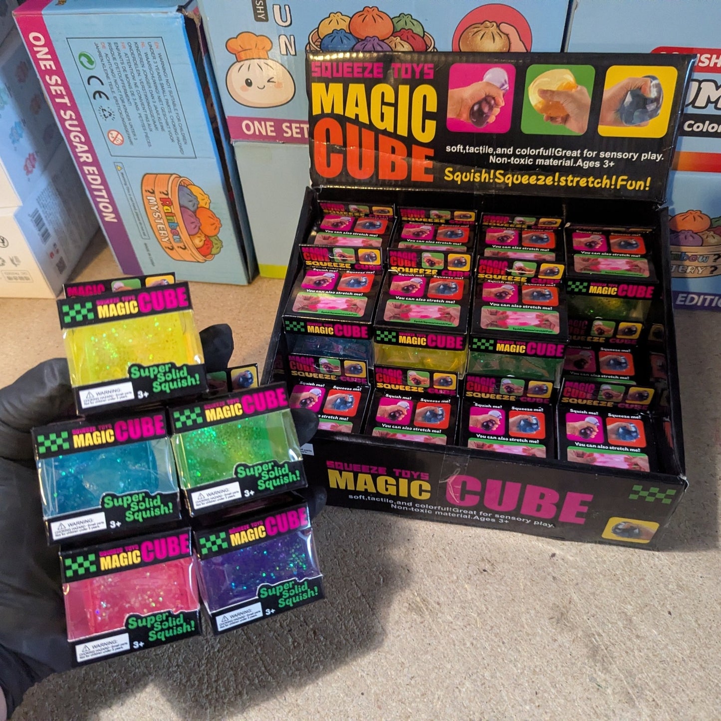 Set of Five Translucent Glitter Mini Magic Cube by Squeeze Toys (Slow - Rising Squish) - DelsBricks Toys & CollectiblesDelsBricks Toys & CollectiblesRalphie's Funhouse